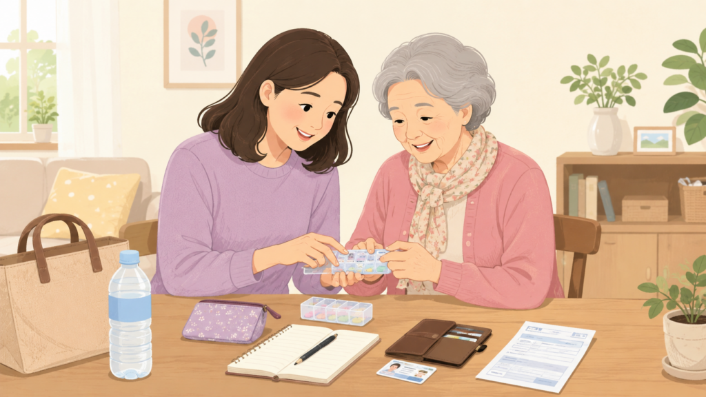 부모님 병원 동행 준비물을 함께 챙기는 자녀와 어머니의 2D 일러스트