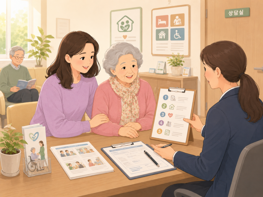 장기요양등급 신청 전 상담실에서 필요한 절차와 서류를 안내받는 어머니와 자녀의 2D 일러스트