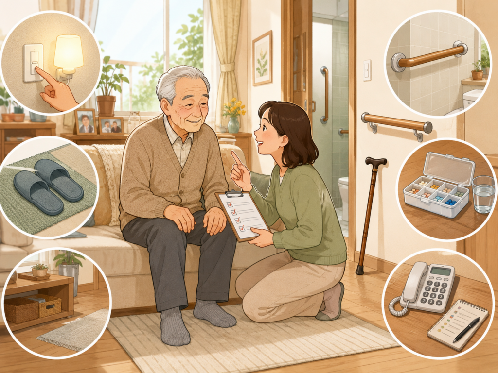 혼자 사시는 80대 아버지의 집에서 딸이 조명, 약, 전화, 보행 안전 등을 함께 점검하는 2D 일러스트