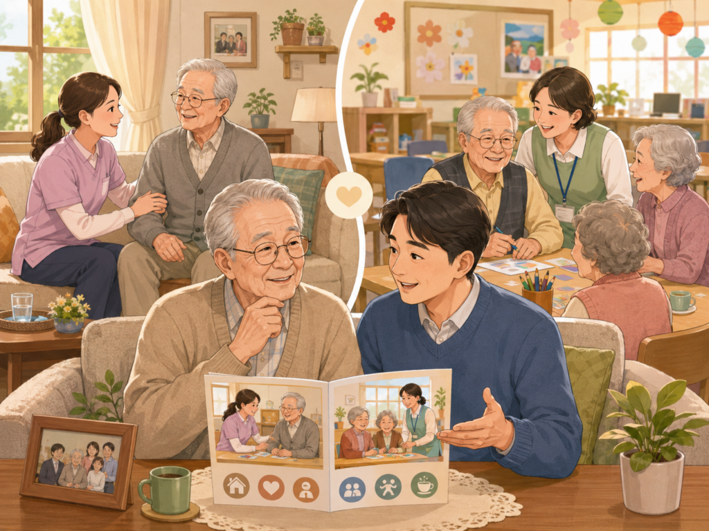 방문요양과 주간보호센터의 차이를 비교하며 80대 아버지에게 맞는 돌봄 방식을 함께 고민하는 자녀의 2D 일러스트