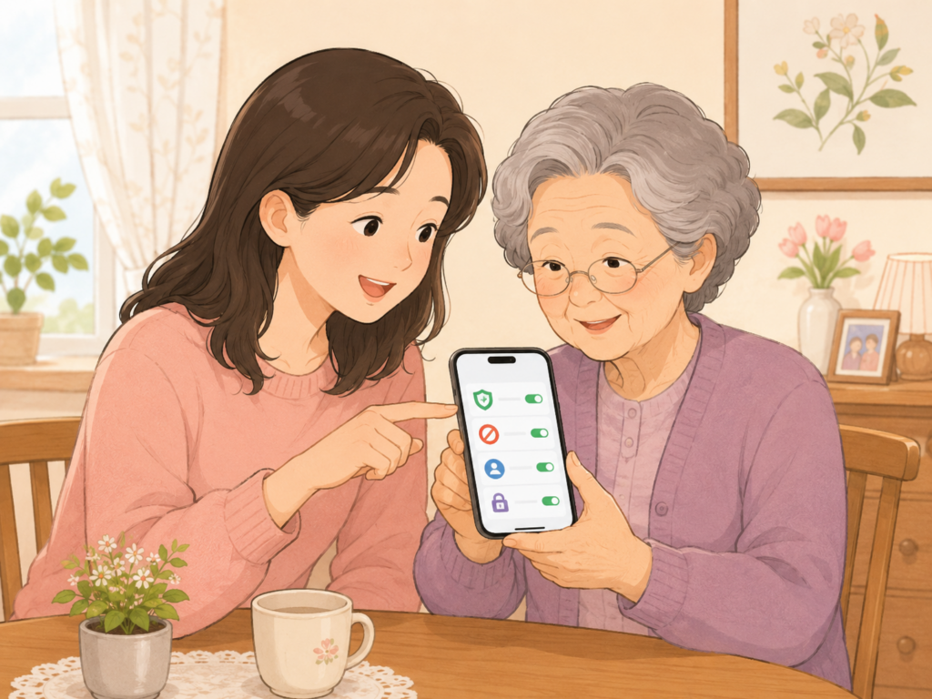 자녀가 어머니에게 보이스피싱 예방 설정을 확인하고, 스팸 차단 등 주의사항을 설명하는 2D일러스