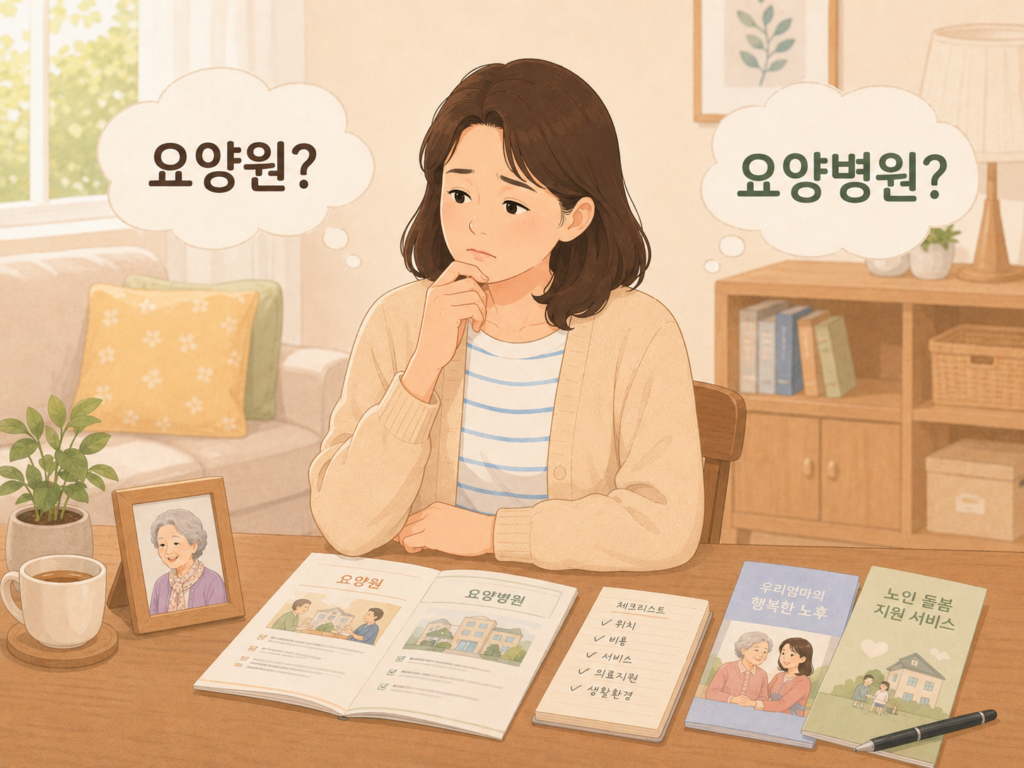 요양원과 요양병원의 차이점이 혼란스러워 고민하는 자녀를 표현한 2D일러스트