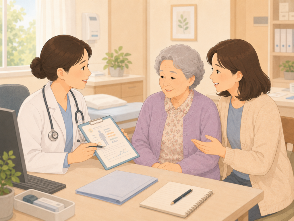 자녀가 어머니와 함께 의사에게 건강 상태를 의논하는 모습의 2D 일러스트