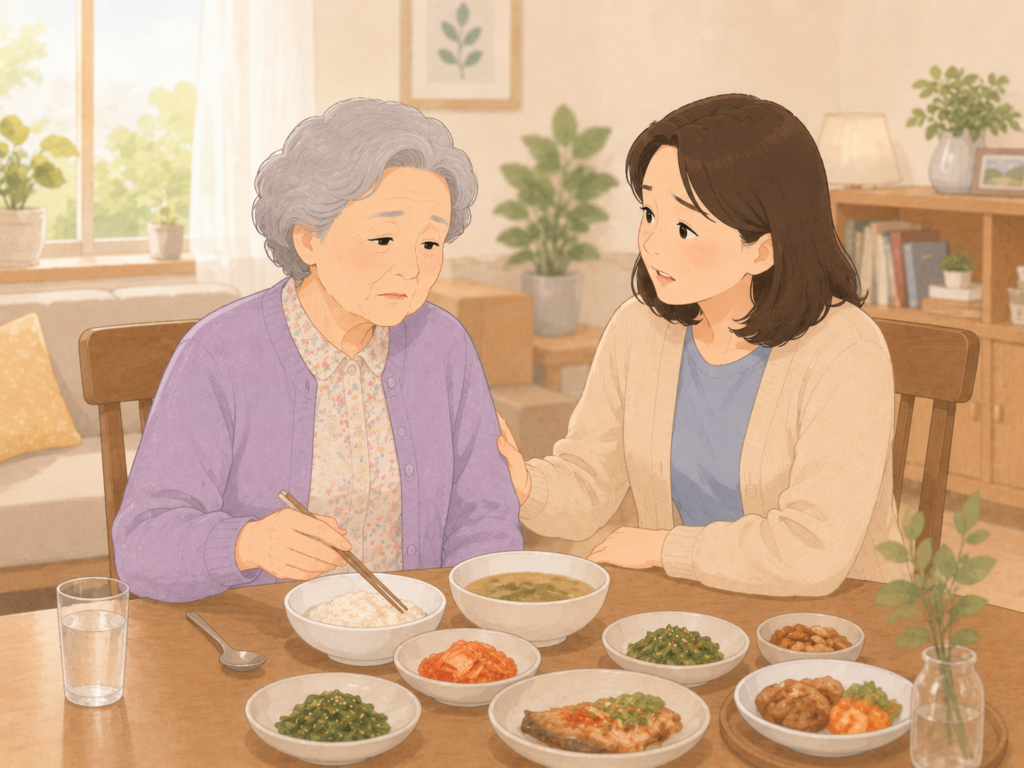 식사를 잘 못하시는 어머님을 걱정하는 자녀의 모습 2D 일러스트