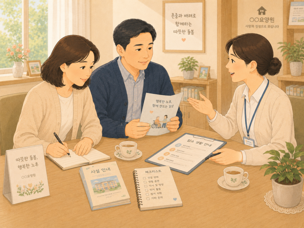 요양원의 상담사와 상담하는 부부의 모습 2D 일러스트