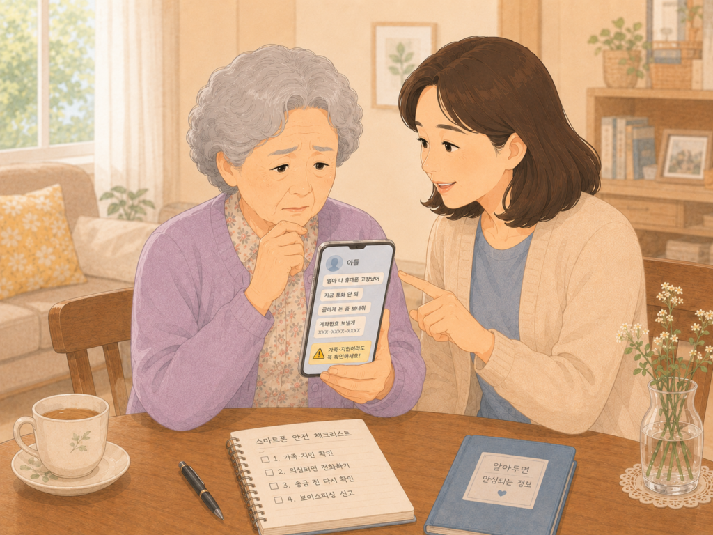 어머님께 카카오톡 보이스피싱 예방을 설명하는 자녀의 일러스트