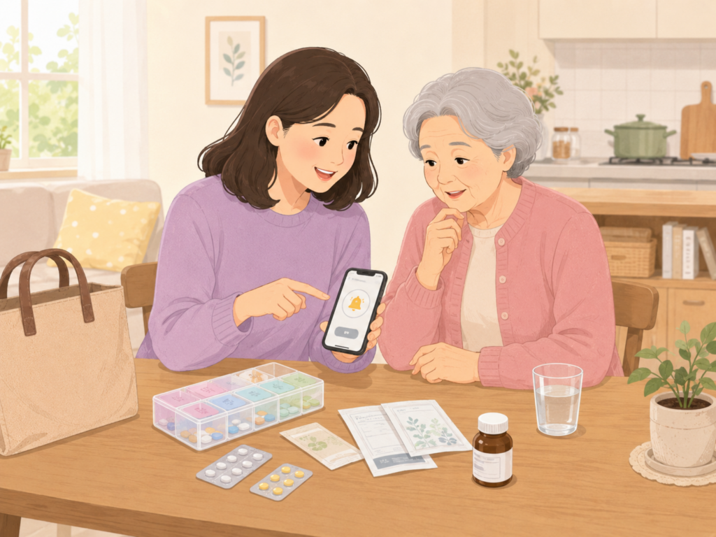 자녀가 어머니에게 복용약과 약 먹는 시간을 설명하며 함께 약을 정리하는 2D 일러스트